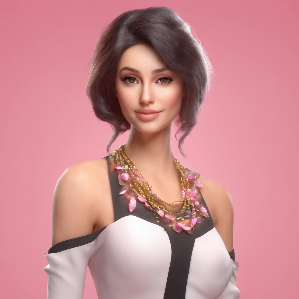 Mulher 3D cabelo ondulado curto preto olhos castanhos levemente puxados com oculos transparente redondo pequeno em pe de maquiagem brinco, bracelet and necklace wearing a beautiful white dress with pink on the skirt part of 3D pink orchid with beautiful scenery.