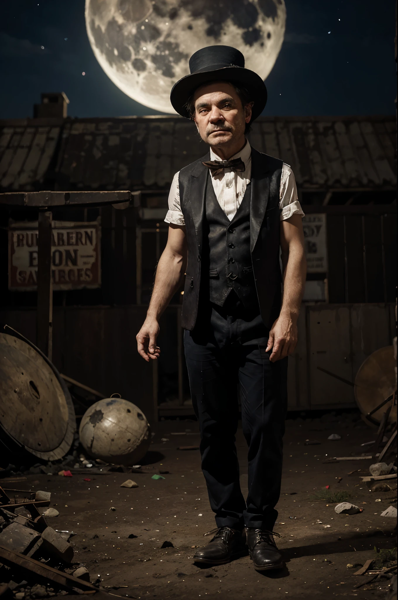 at night under the moon there is an abandoned circus everything is old, torn and dirty., in the forefront there is an evil midget wearing a vest and a bowler hat.