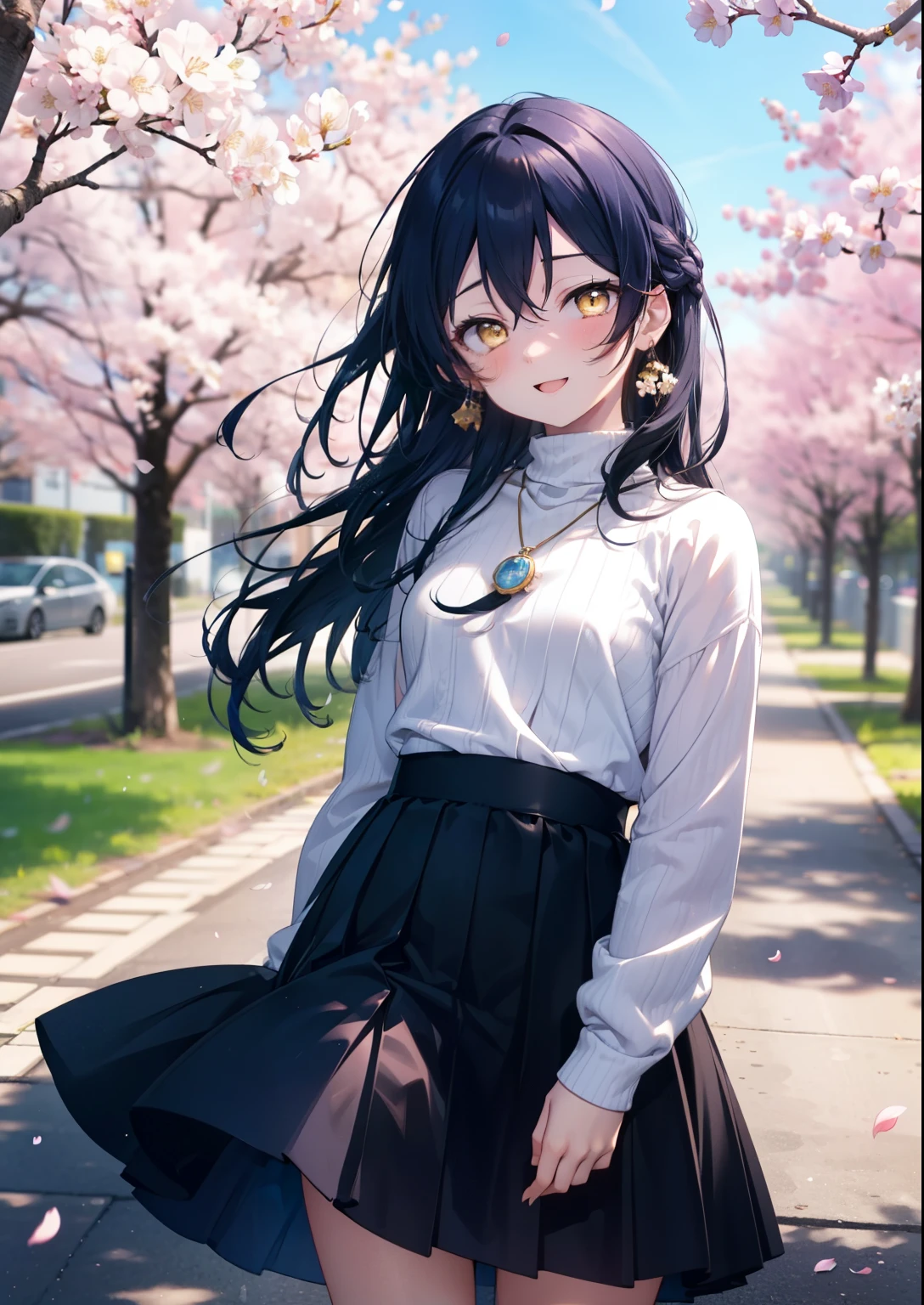 You are so kind, umi sonoda, Long Hair, Blue Hair, (Yellow Eyes:1.5) (Flat Chest:1.2),happy smile, smile, Open your mouth,Rocket Pendant,
sweater,Long skirt,Mini Boots,Cherry blossoms are blooming,Cherry blossoms are scattered,Cherry blossom tree-lined path,happy smile, smile, Open your mouth,So that the whole body goes into the illustration,smile,blush, break looking at viewer, (Cowboy Shot:1. 5) break outdoors, School School building, break (masterpiece:1.2), highest quality, High resolution, unity 8k wallpaper, (figure:0.8), (Detailed and beautiful eyes:1.6), Highly detailed face, Perfect lighting, Extremely detailed CG, (Perfect hands, Perfect Anatomy),