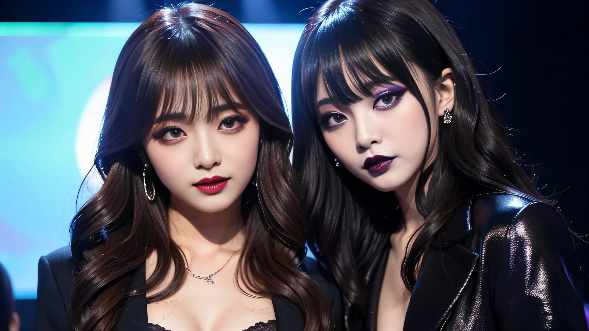 2girls、best quality、ultra-detailed、4k、Japanese、Seductive beauty、seductive adult woman、Pretty Woman、cool girl、Villainess、Brainwashed、brainwash、Fallen into evil、smirk、Evil look、Wicked Smile、evil、Brown hair、wavy hair、swept bangs、dark makeup、dark makeup、piercing eyes、hollow eyes,half-closed eyes、Hollow Eyes、purple Eyeshadow、black lipstick、black lipglos、suit、Jacket、night、inside Live stage、Seduce、Applying lipstick、Whisper in my ear