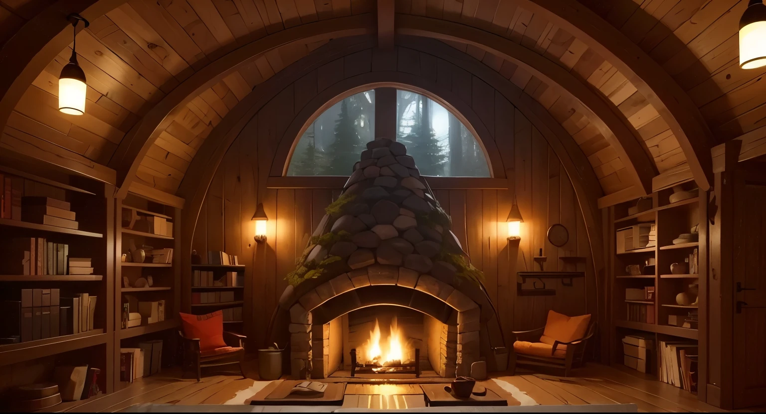 Cozy hobbit house at night, Room with round fireplace,There is a round window, There is a cozy bookshelf filled with books., Cozy coffee can and coffee cup, Pile of Firewood
