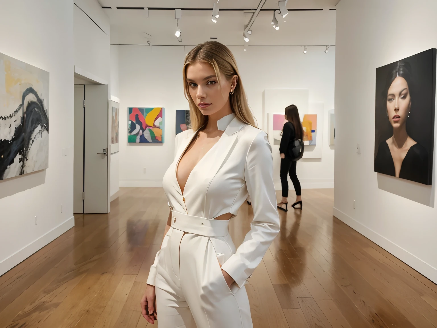 Create a Modern Art Gallery Photoshoot: Model: Appearance: Bright blonde, 23 years old, with an artistic and stylish flair. big ass, medium breast Outfit: A sleek and minimalist outfit, such as a tailored jumpsuit or a fitted dress with bold accessories. Accessories could include statement earrings and a stylish clutch bag. Location in Frame: Position: A contemporary art gallery with large-scale modern art pieces and open spaces. Pose in Frame: The model stands thoughtfully in front of a piece of modern art, walks through the gallery, or engages with interactive exhibits, emphasizing an artistic and cultured atmosphere. Details: Background: A contemporary art gallery with high ceilings, large white walls, and a range of modern art installations, creating an avant-garde setting. Lighting: Bright, focused gallery lighting, enhancing the visual impact of the modern art and the model's outfit. Atmosphere: Artistic and sophisticated, capturing the modernity of the art gallery and the model's stylish presence. Hashtags: #ArtGalleryVibes #ModernArt #ContemporaryStyle #ArtisticFlair This photoshoot will immerse viewers in a contemporary art gallery setting, where the model represents the intersection of art and fashion in a sleek and stylish way.