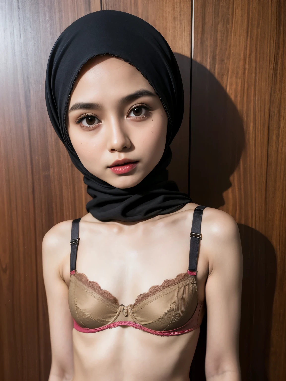 ((Half body photoshot)), Very Thin body (Wearing Strapless Lingerie), (((HIJAB MALAY GIRL))), masutepiece, High quality, UHD 32K, Realistic face, Realistic skin feeling , A Malay Lady, 8 , , Very cute and baby-like face, (((FLAT CHEST))), (MATRIX WORLD), ((look In front  at the camera and SADNESS)), ((())), (((CUTE GIRL))), ((BROWN LIPS)), ((BROWN)), (undress). WEAR BRA LINGERIE, green, red, yellow, lace, ((small bra:1.6)),