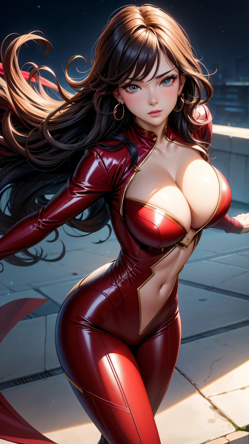 (best quality:1.5, highres, UHD, 4K, detailed lighting, shaders), black wavy haired, gradient hair, large breasts, red suit, red social long pants, mature woman , (pov), white background, colorful eyeshadow, dramatic lighting, sparkling eyes, sensual expression, golden earrings, flowing hair, delicate facial features, soft skin, high cheekbones, urban setting, white background, dont look for the camera, lean forward,