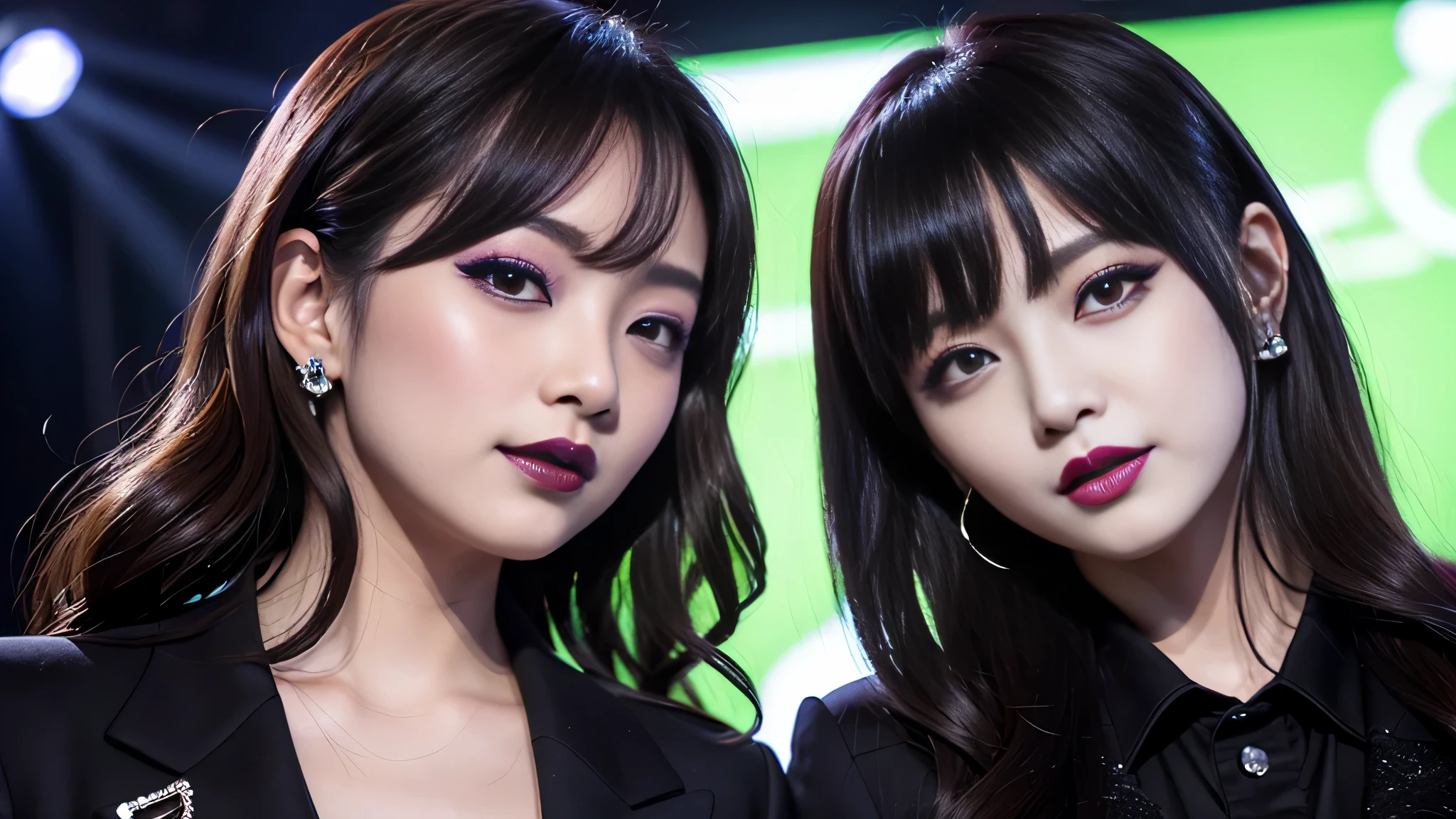 2girls、best quality、ultra-detailed、4k、Japanese、Seductive beauty、seductive adult woman、Pretty Woman、cool girl、Villainess、Brainwashed、brainwash、Fallen into evil、smirk、Evil look、Wicked Smile、evil、Brown hair、wavy hair、swept bangs、dark makeup、dark makeup、piercing eyes、hollow eyes,half-closed eyes、Hollow Eyes、purple Eyeshadow、black lipstick、black lipglos、suit、Jacket、night、inside Live stage、Seduce、Applying lipstick、Whisper in my ear