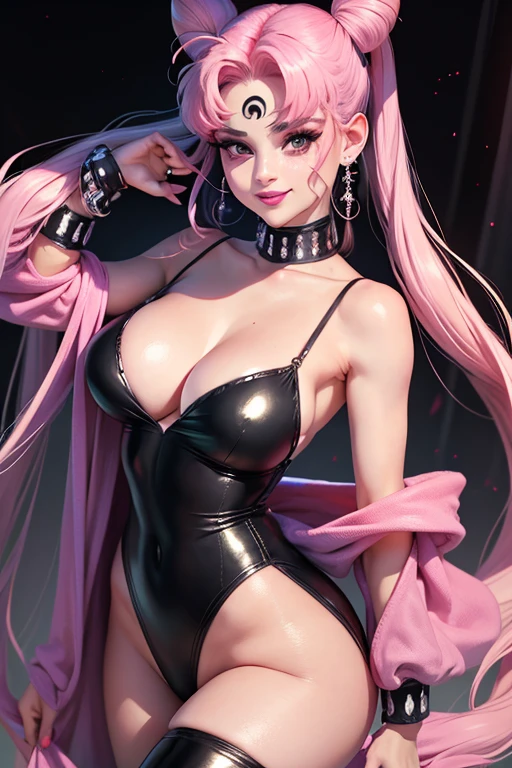 La imagen a cuerpo completo muestra a Sailor Moon, wearing a black latex leotard with black stockings, cabello rosa, ojos rojos, tatuajes en todo el cuerpo, posando de manera alegre, sonriendo, de fondo un ring de lucha libre, super detallado, cuerpo detallado, rostro detallado, dim lighting.
