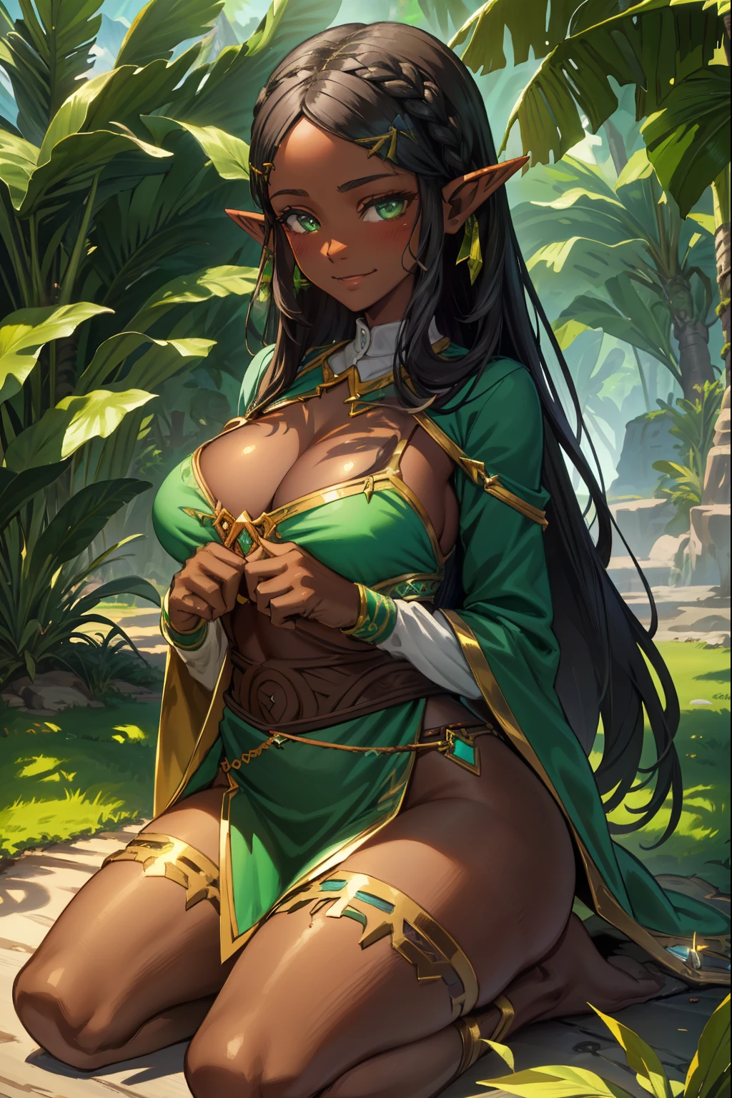 aazelda, long hair, pointy ears, dark skin, Green eyes, Black hair, Seiza, (extremely detailed CG unity 4k wallpaper),(masterpiece),(best quality),(ultra-detailed),(best illustration),(best shadow),(absurdres),(detailed background), Tropical island, tribal girl, shy smile, blushing,