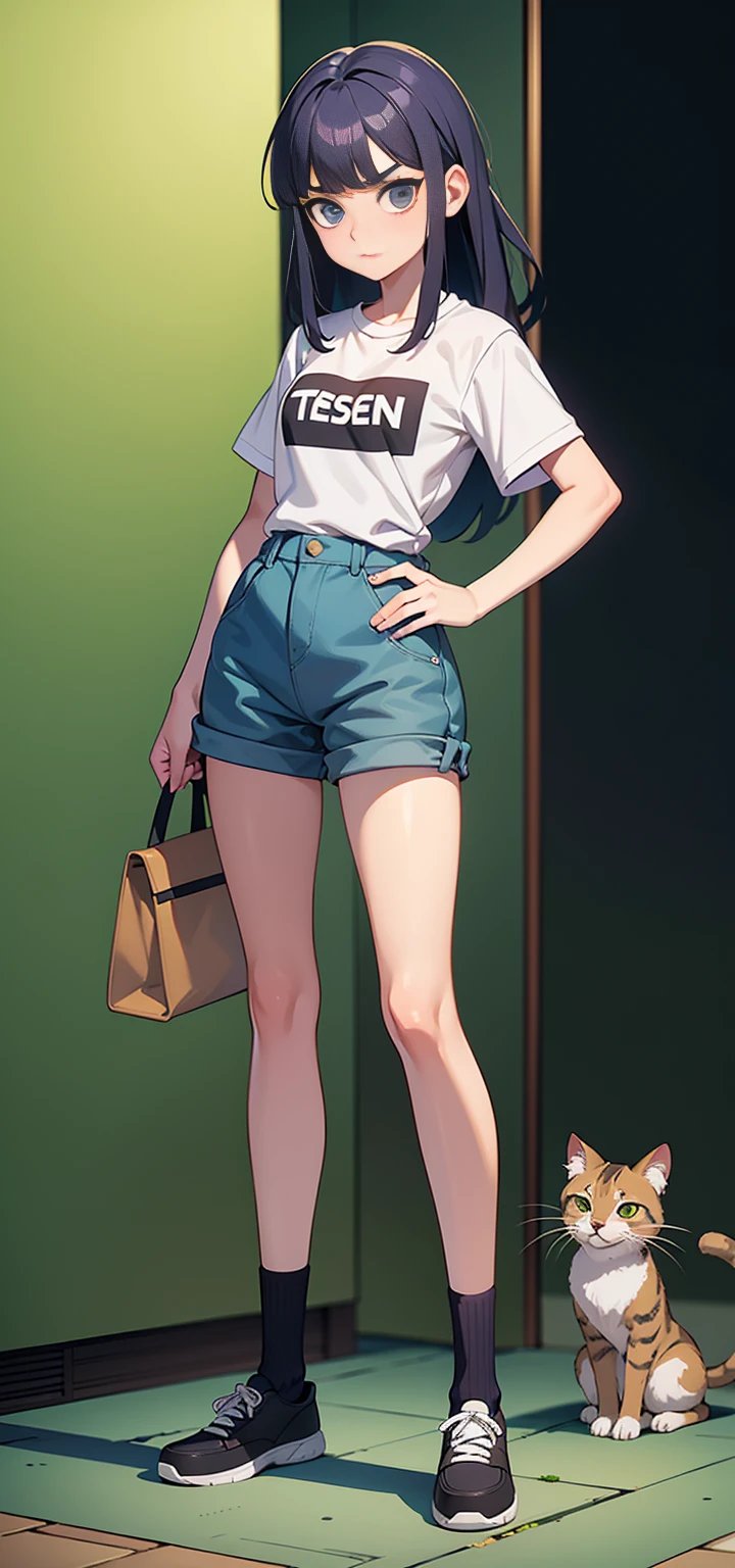 1 mujer, pelo largo azul , golpes, ojos verdes, cara aburrida, oreja de gato, ropa interior rosa , Camiseta gris cintura corta , barriguita, grande , Piernas alargadas, piernas abiertas , stand on your hips... , Calcetines verdes , zapatillas , fabrica abandonada, Noche