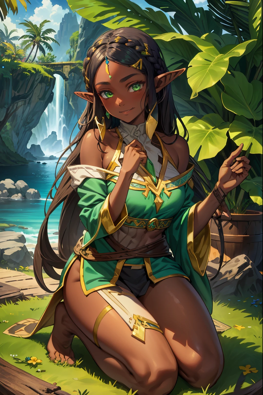 aazelda, long hair, pointy ears, dark skin, Green eyes, Black hair, Seiza, barefoot, (extremely detailed CG unity 4k wallpaper),(masterpiece),(best quality),(ultra-detailed),(best illustration),(best shadow),(absurdres),(detailed background), Tropical island, tribal girl, shy smile, blushing,