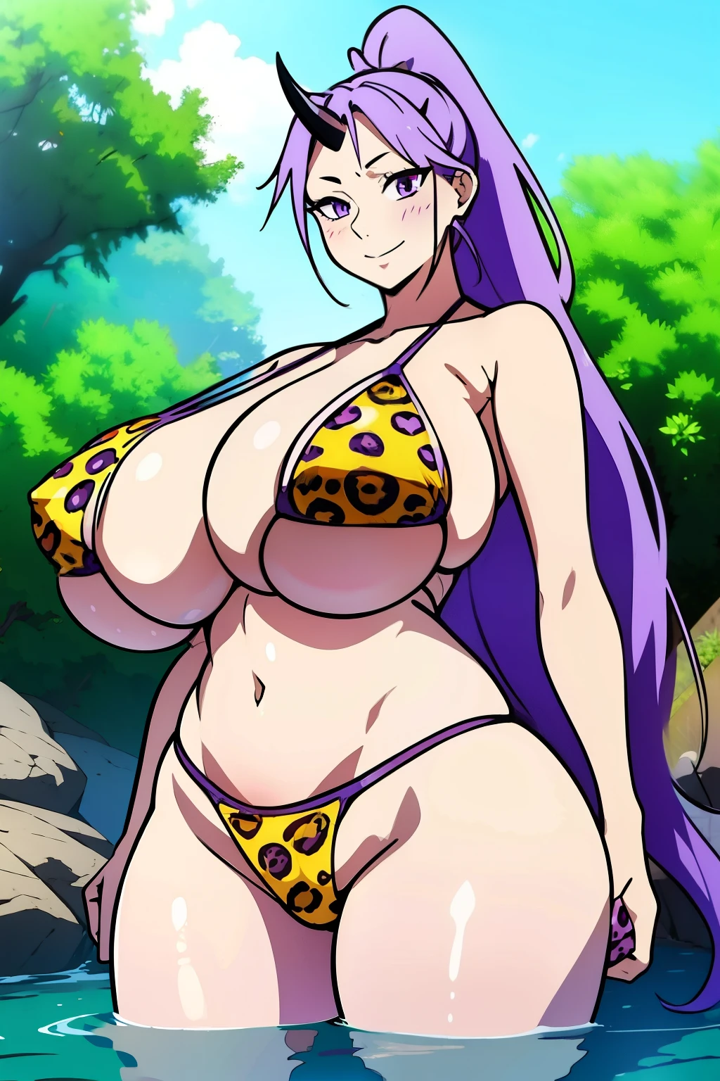 An anime-style artwork depicting shion from the anime tensei shittara slime datta.
Tags: shion, anime, detailed eyes, detailed lips, (leopard bikini:1.4), smiling expression, intense gaze, dynamic pose, outdoor, jungle, vibrant colors, digital art, high-resolution, professional quality, gigantic breasts, (underboob : 1.4), curvy, cowboy shot, (gigantic breasts: 1.4), shion, black horns, hair intakes, horns, long hair, oni, oni girl, oni horn, oni horns, ponytail, (purple eyes:1.1), purple hair, single horn, black horns, hair intakes, horns, long hair, oni, oni girl, oni horn, oni horns, ponytail, (purple eyes:1.1), purple hair, single horn,(topless:1.4) , no bra