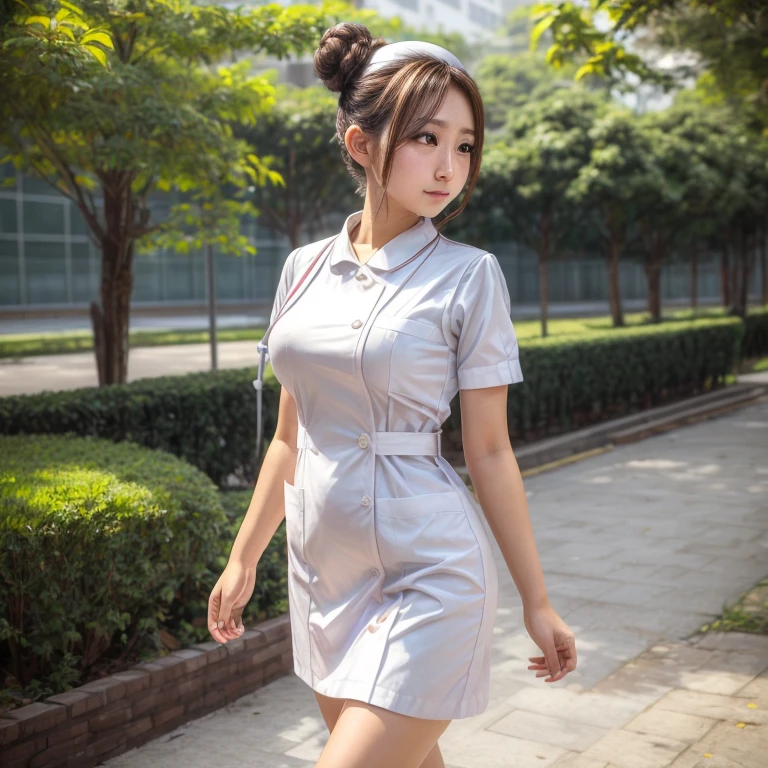((masterpiece,best quality)), a 22 years old girl, malay face, hyper realistic skin texture, proportional boduwhite nurse uniform, hospital, large breast, bun hair, walking, bright bokeh background, 