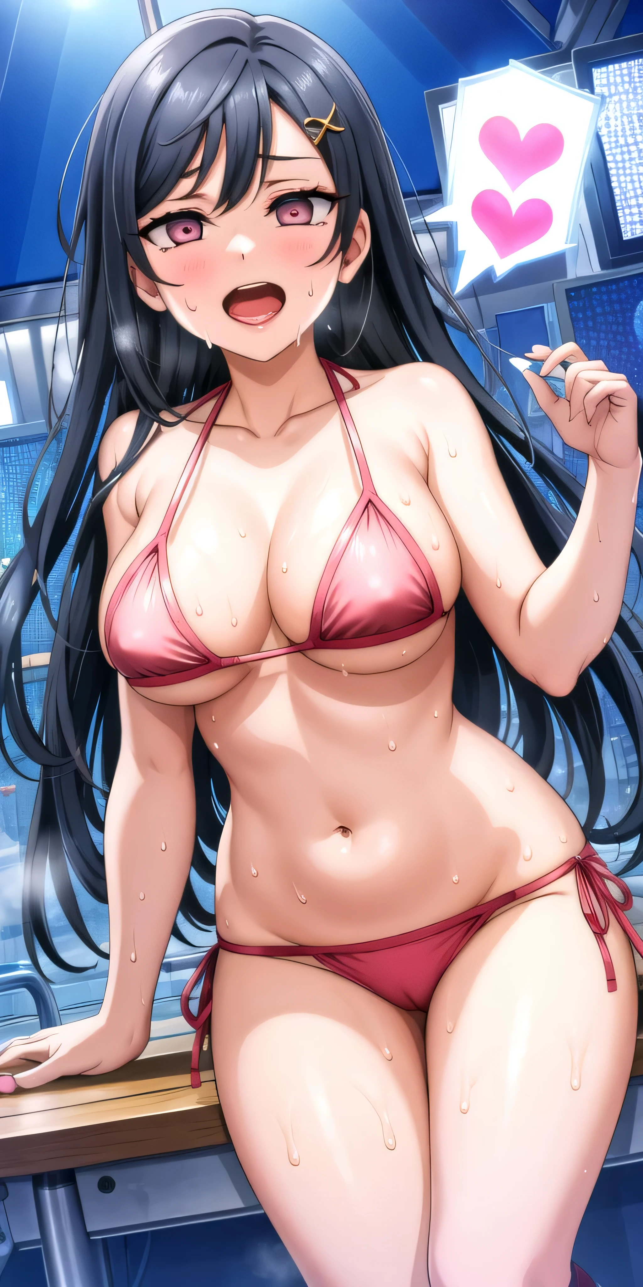 (masterpiece, highest quality, Ultra-detailed), (figure), (Detailed and beautiful eyes), (1 Girl), (alone), Watching the audience, Cowboy Shot, blush, Better Hands, Perfect hands, Five Fingers,Leg spread,(((pink metallic super micro bikini))),Mansuji,See-through nipples,Oily skin,((((Sweat)))),Sex,Beautiful eyes,Large Breasts,Nightclub ,Low - Angle,sit、Leg spread、front、Knee socks、(Ahegao)