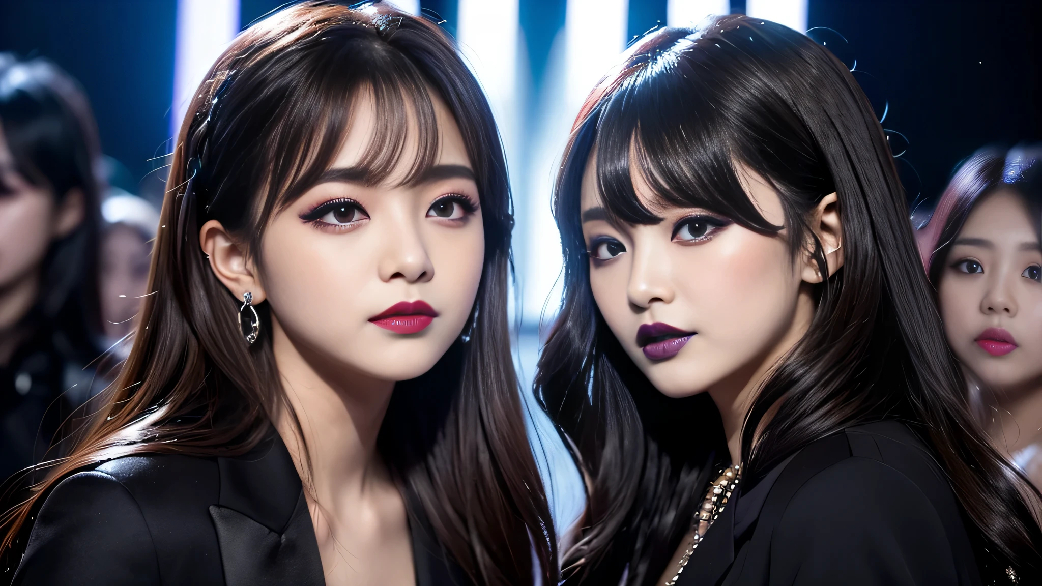 2girls、best quality、ultra-detailed、4k、Japanese、Seductive beauty、seductive adult woman、Pretty Woman、cool girl、Villainess、Brainwashed、brainwash、Fallen into evil、smirk、Evil look、Wicked Smile、evil、Brown hair、wavy hair、swept bangs、dark makeup、dark makeup、piercing eyes、hollow eyes,half-closed eyes、Hollow Eyes、purple Eyeshadow、black lipstick、black lipglos、suit、Jacket、night、inside Live stage、Seduce、Applying lipstick、Whisper in my ear