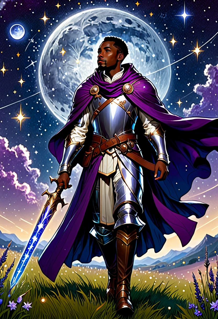 A black man, a cleric, wearing silver armor and a purple cloak with details of stars, constellations, and moons. He is tall and strong, with a proud posture, walking in a grassy field under the moon light. 