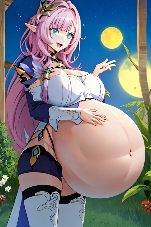 (Realistic painting style:0.9), masterpiece, best quality,  absurdres, elysia (miss pink elf) (honkai impact), slit pupils, elysia (honkai impact), elf, pointy ears, 1girl, huge breasts, cleavage, pink hair, solo, hair ornament, smile, blue eyes, long hair, looking at viewer, open mouth, bangs, :d, sky, star (sky), black shorts, huge large breasts, starry sky, shorts, night sky, arms behind back, night, long sleeves, pink pupilsincredibly,(incredibly hyperpregnant) huge belly, large hyperpregnant, Belly Expansion , huge belly, belly al descubierto,muslos anchos , belly Buton, big ass,big butt,ropa ajustada,((masterpiece))1personaje de anime, semi realista, super detallado , pechos increiblemente inchados,(inflacion de pechos), (incredibly pechos), ,viente incredibly hyperpregnant,rubor en el belly,(incredibly hyperpregnant),belly al descubierto,ombligo, muslos grandes,muslos anchos ,muslos increiblementes inchados ,belly grande,(vore) , estomago increiblemente inchado,(incredibly hyperpregnant), hada caballero lancelot (destino), pose mirando al espectador ,gordo,pose seductora de pie,rubor lijero en las mejillas,lijera sonrisa seductora,(incredibly hyperpregnant) belly inflation (belly inflation),breasts al descubierto.