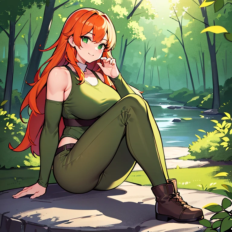 ((Masterpiece)), ((Best Quality)), (Perfectly Detailed), (Perfect Anatomy), (Accurate Lighting), (Accurate Shadows), ((Solo)), (Accurately Detailed), Full-Body, A Girl, with (Long Orange Hair, draped over her left shoulder), Green Eyes, (Huge Breasts), Wide Hips, slightly tall, and is mildly muscular. Wearing a Green Tunic, Brown Work-Pants, and Tall Grey Boots. Hiking in a dense Forest, with a small creek in the background.