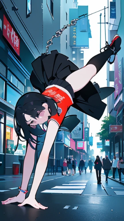 highest quality、Highest image quality、masterpiece、age girl((18-year-old、 Agar、vest bust、medium bust,wide open breast tea、Black eyes, black hair、long hair、slender,highest valley、cute makeup、Black short skirt、Red spats、fluttering hair、White navel tank top、chain accessories、DJ、headphones,break dance)),high quality、beautiful art、background((Live on the street、galleries)),muste piece、Depth of written boundary、movie、visual art、perfect art、