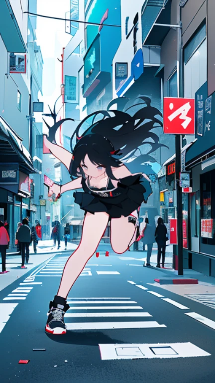 highest quality、Highest image quality、masterpiece、teenage girl((18-year-old、 Agar、vest bust、medium bust,wide open breast tea、Black eyes, black hair、long hair、slender,highest valley、cute makeup、Black short skirt、Red spats、fluttering hair、White navel tank top、chain accessories、DJ、headphones,break dance)),high quality、beautiful art、background((Live on the street、galleries)),muste piece、Depth of written boundary、movie、visual art、perfect art、