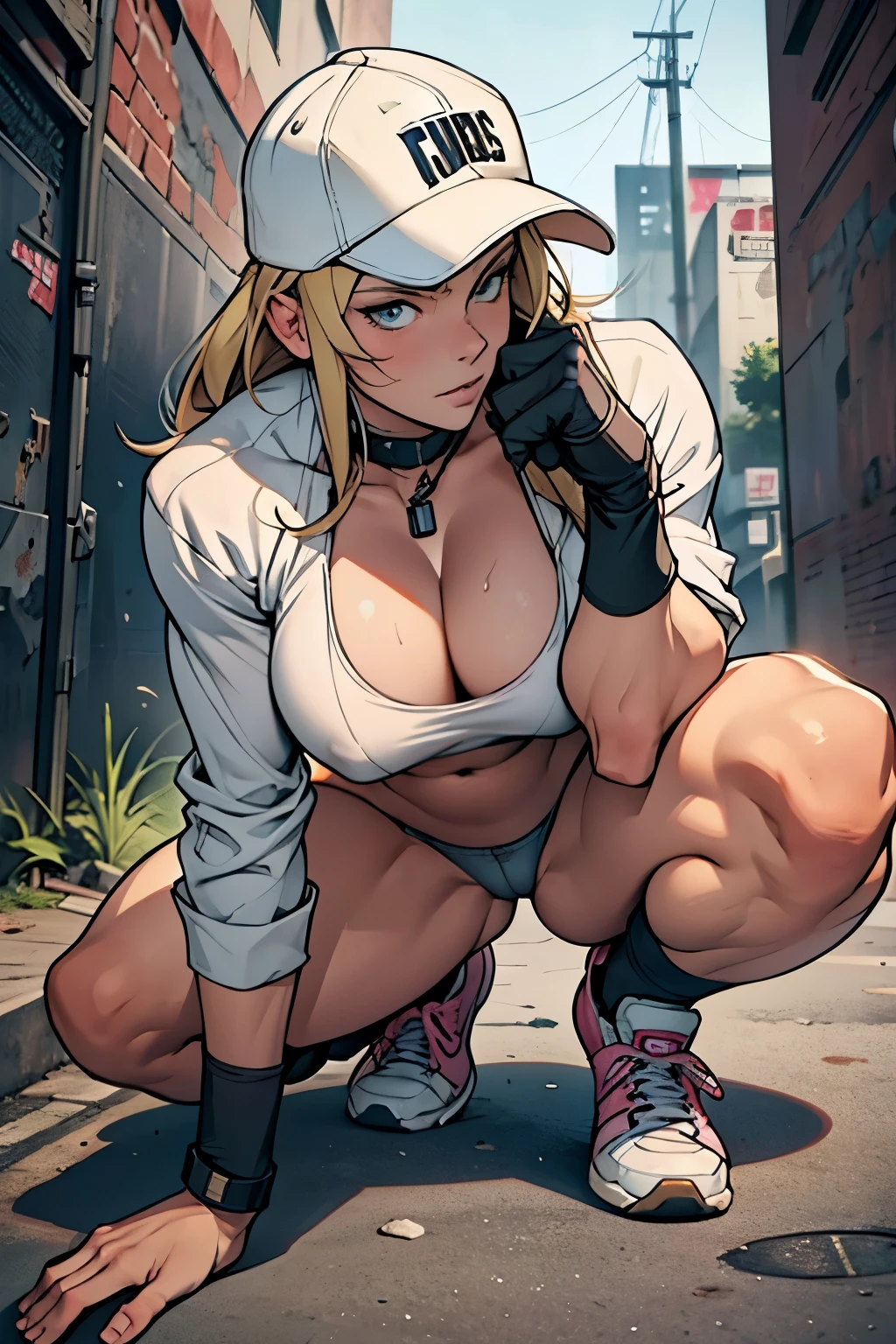 Close-up portrait of a woman with a gun, Blonde long hair, Baseball cap, The finer details. Female Action Girl, Full Body Portfolio, In an urban combat zone, Big Ass, socks, sneakers, Blunt bangs, Adult female, belly button, crack, Age 25, pink