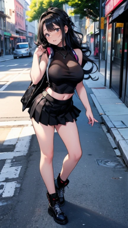 highest quality、Highest image quality、masterpiece、teenage girl((18-year-old、 Agar、vest bust、medium bust,wide open breast tea、Black eyes, black hair、long hair、slender,highest valley、cute makeup、Black short skirt、Red spats、fluttering hair、White navel tank top、chain accessories、DJ、headphones,break dance)),high quality、beautiful art、background((Live on the street、galleries)),muste piece、Depth of written boundary、movie、visual art、perfect art、