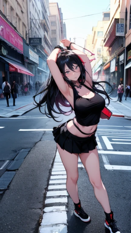 highest quality、Highest image quality、masterpiece、age girl((18-year-old、 Agar、vest bust、medium bust,wide open breast tea、Black eyes, black hair、long hair、slender,highest valley、cute makeup、Black short skirt、Red spats、fluttering hair、White navel tank top、chain accessories、DJ、headphones,break dance)),high quality、beautiful art、background((Live on the street、galleries)),muste piece、Depth of written boundary、movie、visual art、perfect art、