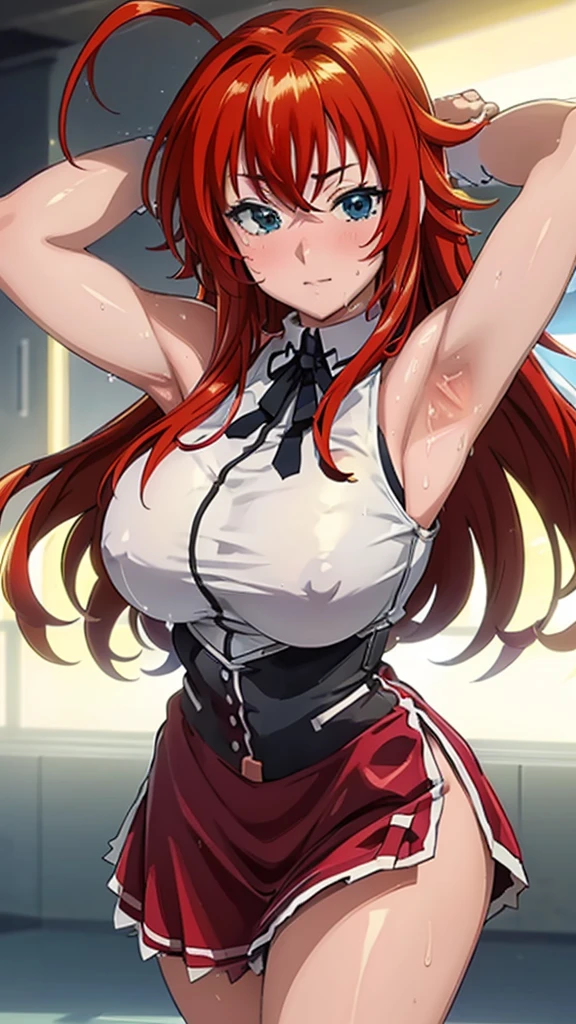 a close up of a person wearing a basketball uniform, a picture, inspired by Kentaro Miura, trending on pixiv, Rias Gremory, Highschool Dxd, wearing yellow nba jersey, yellow croptop nba jersey, wearing a low cut croptop, wearing croptop, croptop, the words "Lakers" written on the croptop, golden raito, (winking), shirobako, large)}], favorite scene, fine details. anime. skins, sweating, big breasts, both hands raised, armpits, armpits visible, dripping with sweat, more more sweat, sweaty armpits