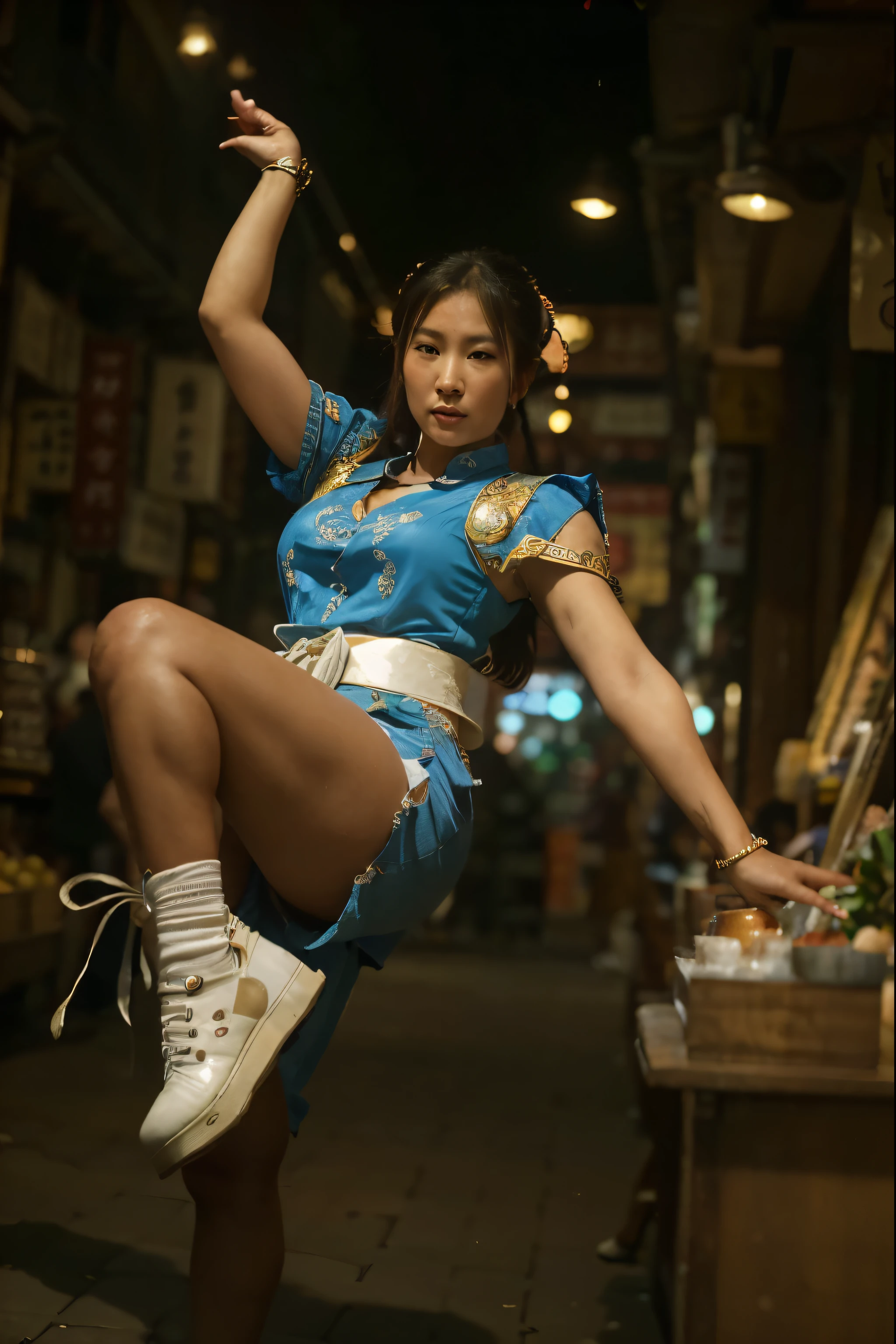 (Best quality, 8k, 32k, Masterpiece, UHD:1.2) Transform the scene into the bustling Shopping District of Taiping Road, Chun-Li's iconic stage from the Street Fighter series. Picture a lively street lined with colorful storefronts, adorned with vibrant signs and banners. Capture the energy of the crowd as shoppers bustle about, browsing through the eclectic array of shops and vendors. Incorporate elements of traditional Chinese architecture, with ornate rooftops and decorative lanterns adding to the vibrant atmosphere. Infuse the scene with the sounds of street vendors hawking their wares and the chatter of passersby, bringing Chun-Li's stage to life in all its bustling glory. ((Dutch-Tilt))