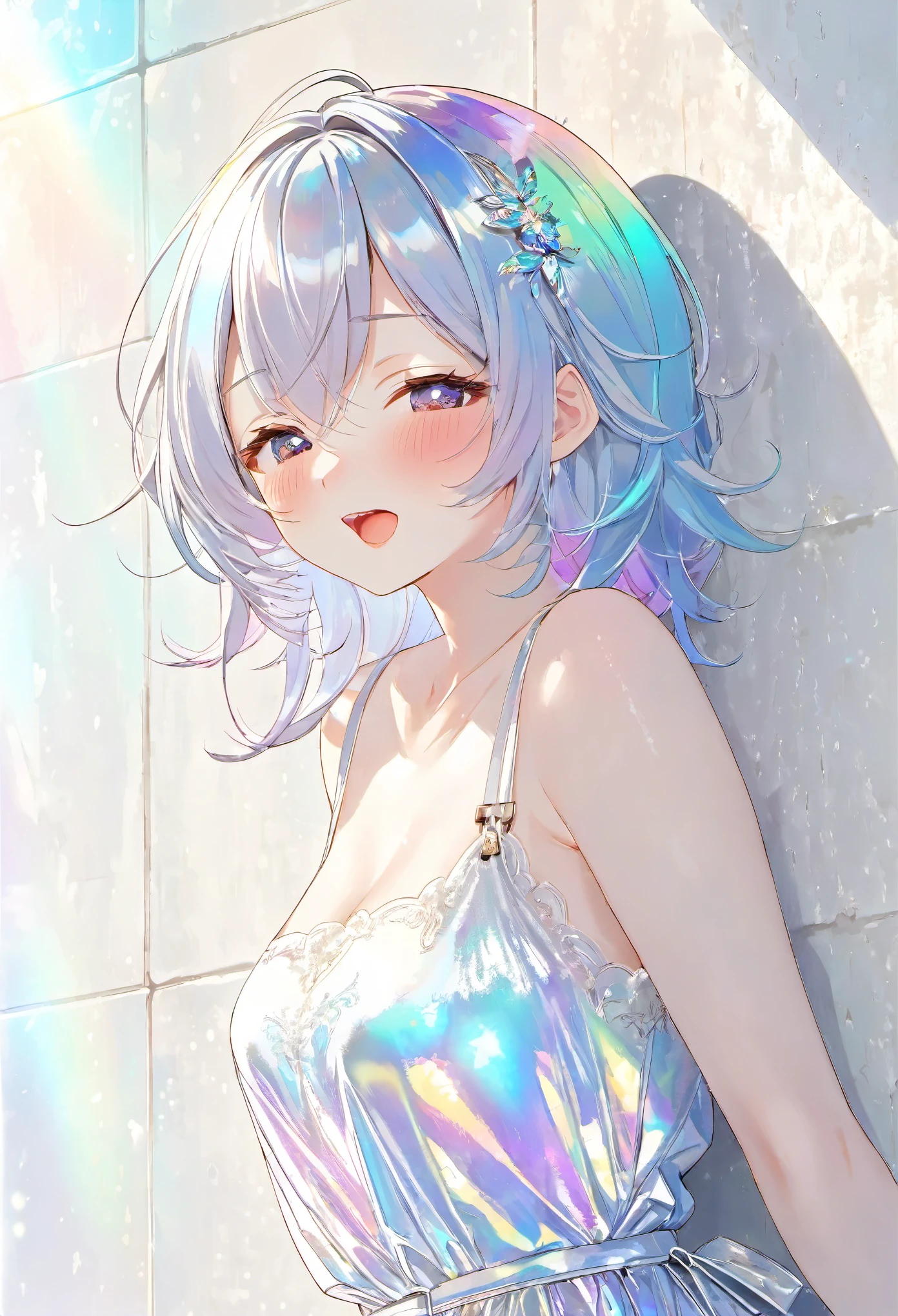 upper body, best quality, super fine, 16k, incredibly absurdres, extremely detailed, cute round-faced beauty, dazzling expression in the sunlight, excited look, closed eyes, half-open mouth, stretch your arms up, leaning against a wall, background iridescent white plaster walls