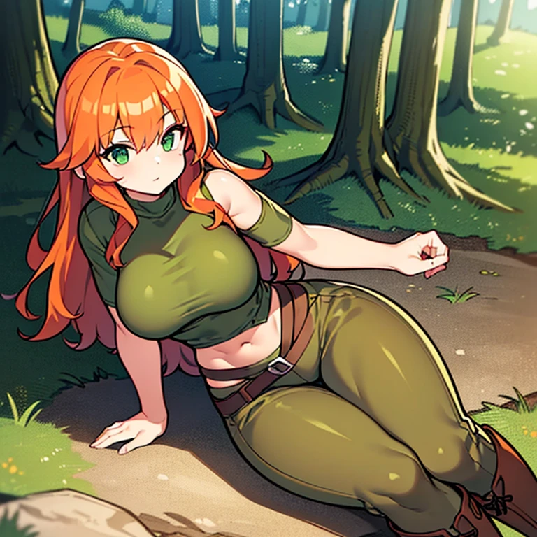 ((Masterpiece)), ((Best Quality)), (Perfectly Detailed), (Perfect Anatomy), (Accurate Lighting), (Accurate Shadows), ((Solo)), (Accurately Detailed), Full-Body, A Girl, with (Long Orange Hair, draped over her left shoulder), Green Eyes, (Huge Breasts), Wide Hips, slightly tall, and is mildly muscular. Wearing a (Worn Green Tunic), (worn Brown Work-Pants), and (Tall Grey Boots). Hiking in a Forest, with a small creek and more forest in the background.