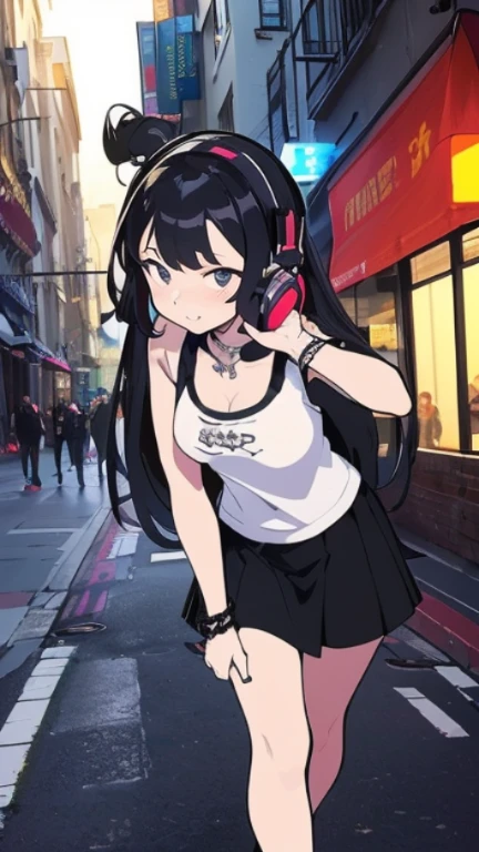 highest quality、Highest image quality、masterpiece、teenage girl((18-year-old、 Agar、vest bust、medium bust,wide open breast tea、Black eyes, black hair、long hair、slender,highest valley、cute makeup、Black short skirt、Red spats、fluttering hair、White navel tank top、chain accessories、DJ、headphones,break dance)),high quality、beautiful art、background((Live on the street、galleries)),muste piece、Depth of written boundary、movie、visual art、perfect art、