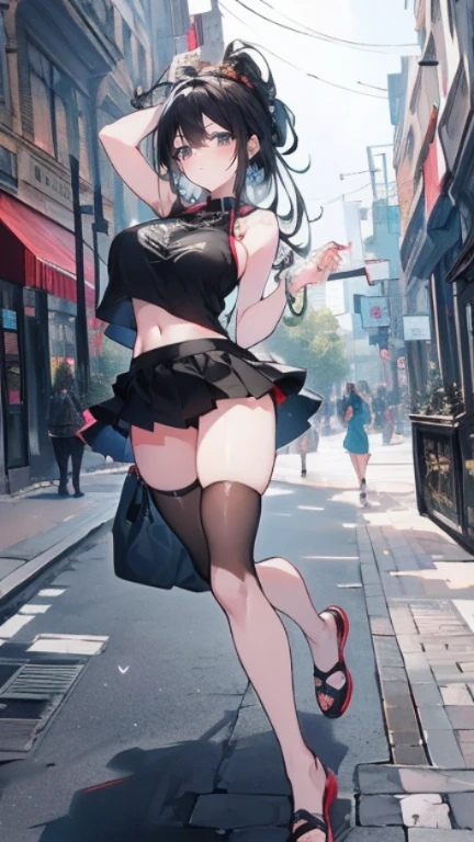 highest quality、Highest image quality、masterpiece、age girl((18-year-old、 Agar、vest bust、medium bust,wide open breast tea、Black eyes, black hair、long hair、slender,highest valley、cute makeup、Black short skirt、Red spats、fluttering hair、White navel tank top、chain accessories、DJ、headphones,break dance)),high quality、beautiful art、background((Live on the street、galleries)),muste piece、Depth of written boundary、movie、visual art、perfect art、