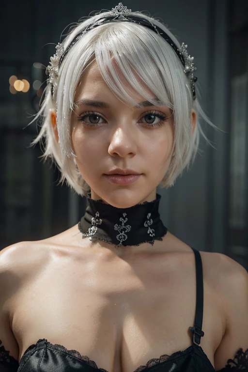 White hair, um close de uma pessoa com cabelo curto e uma tiara, 2b, 2b, Nier 2b, 2b Nier automata, ciborgue - garota com cabelo prateado, cabelo prateado, Nier autoamata, Nier, garota de cabelo prateado, com cabelo branco curto, com rosto muito detalhado, cabelos prateados, Nier : inspired automatons, Surrealism, 8k, super detail, olhos azuis