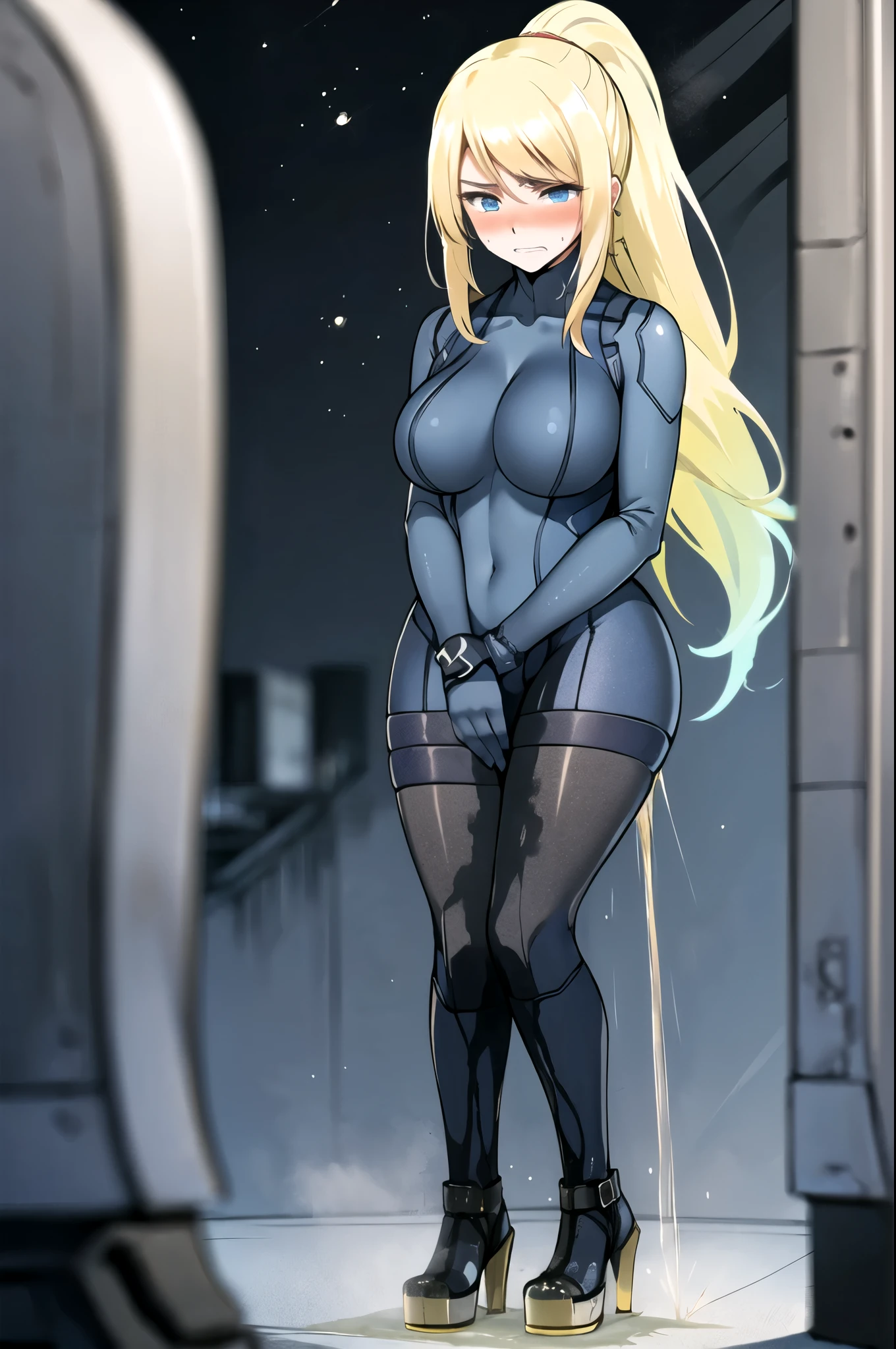 samus aran, (facing viewer:1.25), ponytail, large breasts, hair tie, blue gloves, blue bodysuit, (full bodysuit:1.5), high heels, (standing straight:2.0), peeing herself, (wetting herself:1.5), very large peeing stain, huge pee stain, best quality, ultra-detailed, HDR, studio lighting, professional, vivid colors, sharp focus, physiologically-based rendering, bokeh, landscape, blue color palette, soft lighting, dynamic shadows, (hands on thighs:1.5), embarrassed, humiliation, blushing, angry, tears