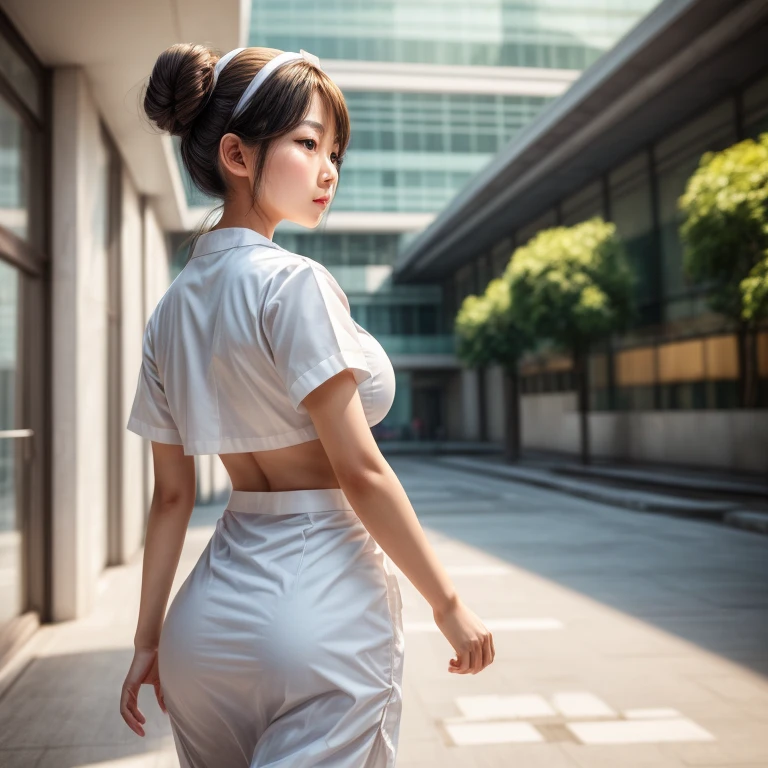 ((masterpiece,best quality)), a 22 years old girl, asian face, hyper realistic skin texture, proportional body, large breasts, bun hair, white nurse uniform, hospital, walking, bright bokeh background, RAW photo, side view photoshot,