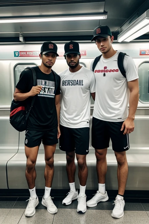 
2guys，Two 20-year-old men in the subway，city at night，Ultra-flat head，Brown baseball cap，Casual clothes, leg apart，musculous，Handsome，Looking at the phone，Sport backpack，white short sock, Friends group, 3 people, 3 people beauties, 