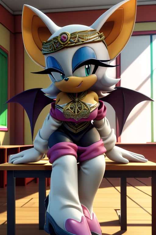 Masterpiece, high quality, studio quality, intricate details, 4k, 1girl, Rouge the Bat, medium breasts, sailor fuku, in a classroom, ((best quality)), ((masterpiece)), (detailed)