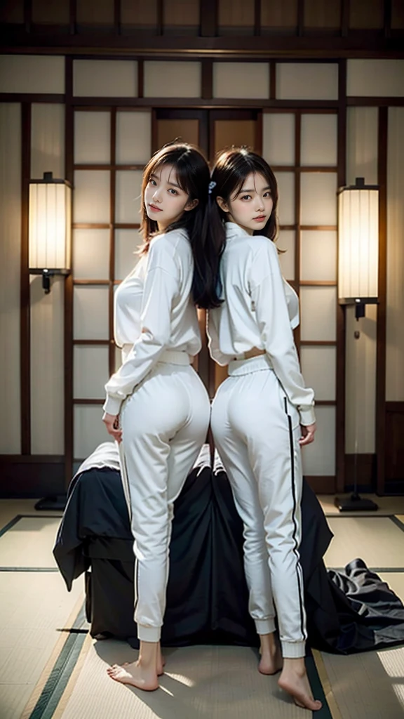 8K quality, Masterpiece, Bright lighting without shadows, Two busty women standing side by side, Super big breasts compressed by clothes, Whitening skin, Sparkling Blue Eyes, (Deep crimson sailor collar uniform), Pleated skirt, Above the knee, Booty stretched and highlighted by hands, (A posture where the waist is bent forward to emphasize the big buttocks:1.3), Wide cut white panties, grabbing own ass, 