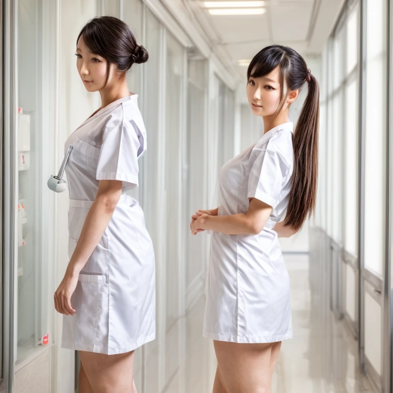 ((masterpiece,best quality)), a 22 years old girl, asian face, hyper realistic skin texture, proportional body, large breasts, bun hair, white nurse uniform, hospital, walking, bright bokeh background, RAW photo, side view photoshot, 