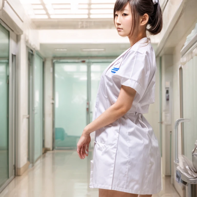 ((masterpiece,best quality)), a 22 years old girl, asian face, hyper realistic skin texture, proportional body, large breasts, bun hair, white nurse uniform, hospital, walking, bright bokeh background, RAW photo, side view photoshot, 