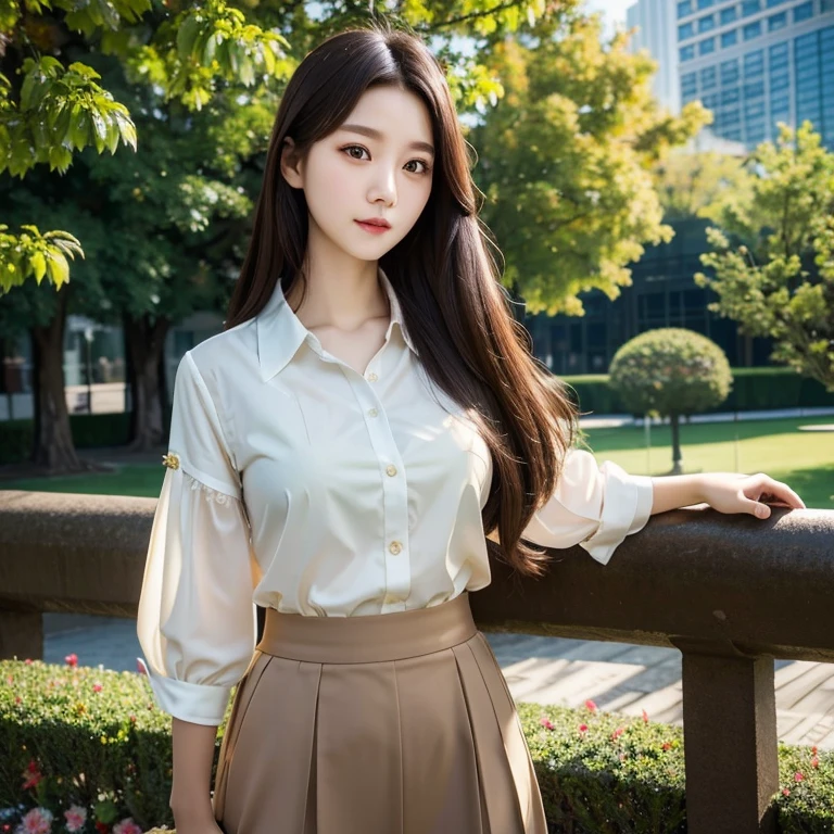 ((masterpiece)), ((highest quality)), (Very detailed), ((Very detailed)), 4K, (8k), highest quality,  alone,Kind Face、Soft Light、Portrait Photography、From the waist up、Outdoor、flare skirt:3、blouse