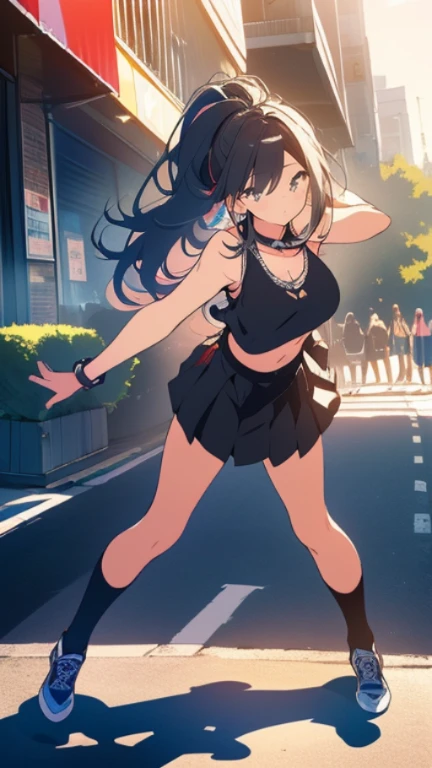 highest quality、Highest image quality、masterpiece、teenage girl((18-year-old、 Agar、vest bust、medium bust,wide open breast tea、Black eyes, black hair、long hair、slender,highest valley、cute makeup、Black short skirt、Red spats、fluttering hair、White navel tank top、chain accessories、DJ、headphones,break dance)),high quality、beautiful art、background((Live on the street、galleries)),muste piece、Depth of written boundary、movie、visual art、perfect art、