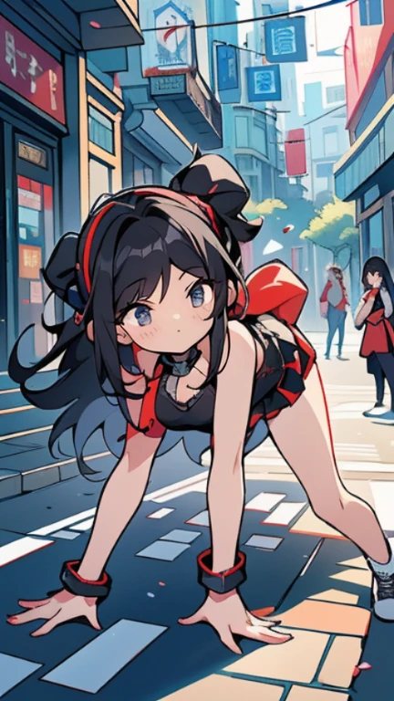 highest quality、Highest image quality、masterpiece、teenage girl((18-year-old、 Agar、vest bust、medium bust,wide open breast tea、Black eyes, black hair、long hair、slender,highest valley、cute makeup、Black short skirt、Red spats、fluttering hair、White navel tank top、chain accessories、DJ、headphones,break dance)),high quality、beautiful art、background((Live on the street、galleries)),muste piece、Depth of written boundary、movie、visual art、perfect art、