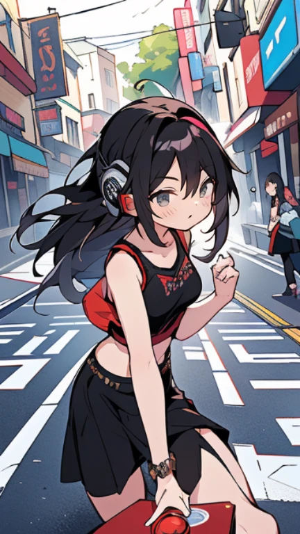 highest quality、Highest image quality、masterpiece、teenage girl((18-year-old、 Agar、vest bust、medium bust,wide open breast tea、Black eyes, black hair、long hair、slender,highest valley、cute makeup、Black short skirt、Red spats、fluttering hair、White navel tank top、chain accessories、DJ、headphones,break dance)),high quality、beautiful art、background((Live on the street、galleries)),muste piece、Depth of written boundary、movie、visual art、perfect art、