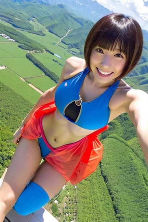 A beautiful Japanese woman in her late 20s with a bob cut is skydiving in the sky4000Meters、She is sensual、Micro Bikini、Very sexy swimsuit、She has her arms and legs spread wide and looks like she's having a great time..!