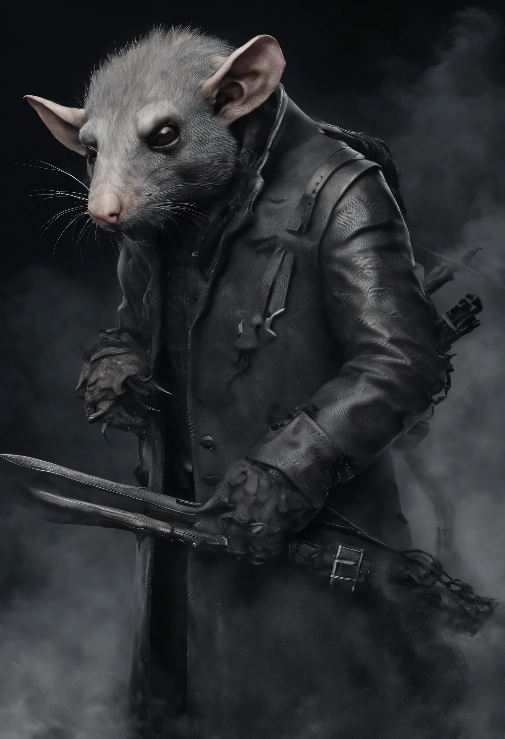 ah alto, magro, broad-shouldered anthropomorphic mouse (peludo). preto head and muzzle. Olhos Humanos, metallic gray and shines menacingly. preto, cabelo longo, combed back and braided into a ponytail. Veste escuro, stylistic, casaco longo.