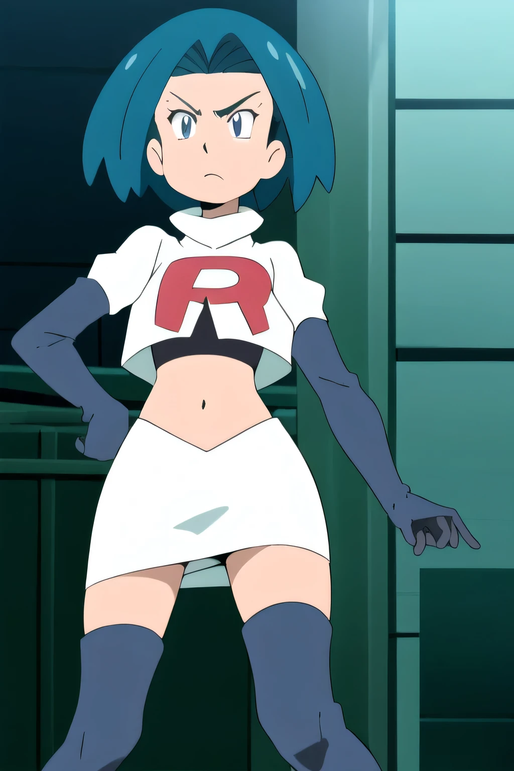 (best quality,4k,8k,highres,masterpiece:1.2),ultra-detailed,realistic,photorealistic:1.37, vibrant colors, studio lighting, bokeh, portrait,team rocket, team rocket uniform, red letter R,white skirt, white crop top, black thigh-high boots, black elbow gloves,zettai ryouiki glaring angrily,anime style, vivid colors, sharp focus, intense lighting,Fuuko Izumo