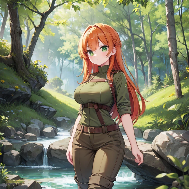 ((Masterpiece)), ((Best Quality)), (Perfectly Detailed), (Perfect Anatomy), (Accurate Lighting), (Accurate Shadows), ((Solo)), (Accurately Detailed), Full-Body, A Girl, with Long Orange Hair, Green Eyes, (Massive Breasts), Wide Hips, slightly tall, and is mildly muscular. Wearing a (Worn Olive-Green Tunic), (Dark-Brown WorkPants), and Tall Grey Boots. Hiking in a Forest, with a small creek and more forest in the background.