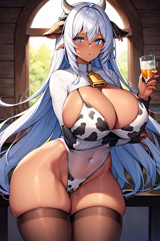 1girl, dark skin, dark-skinned female, blue eyes, white hair, long hair, huge breasts, cleavage, thick thighs, (cow print), cow print, bikini, micro bikini, highleg bikini, highleg, breasts, forest, horns, bell, parted lips, glowing eyes, erect nipples, milf, mature female, cow ears, hourglass figure, cameltoe, toned female, toned, ((toned)), ((toned female)), shirt, cow printed shirt