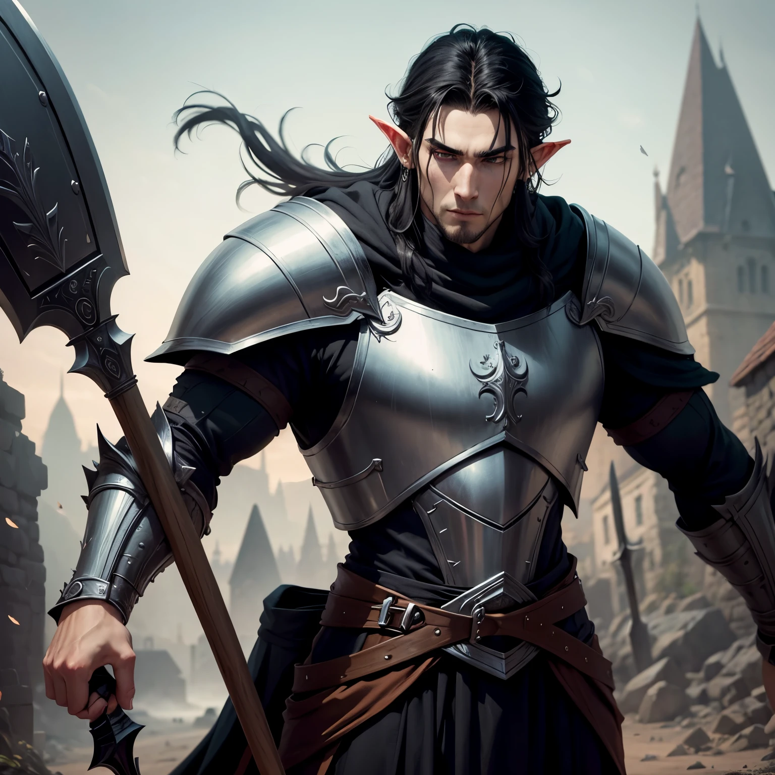 Draw a elf man, 70 kg, 170 cm, black hair, pale skin, plate armor, executioner axe, crow earrings, shield, dark-fantasy style