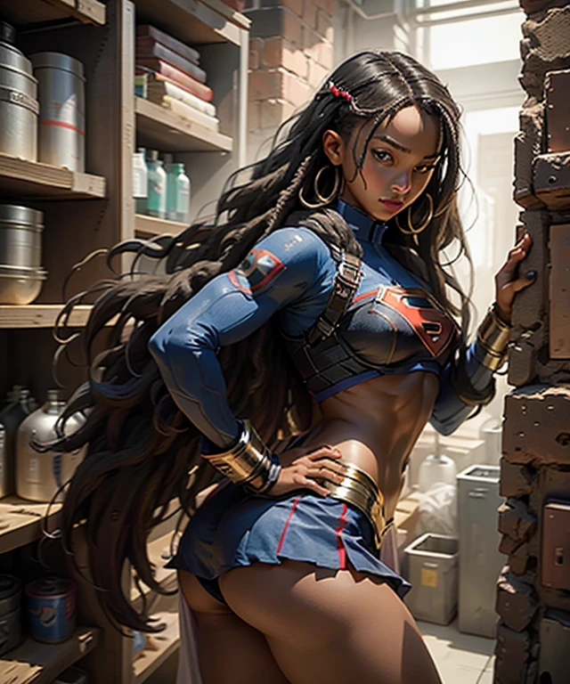 Beautiful black woman with long dread hair identified body with small breasts, wears Supergirl cosplay,detailed fingers,beautiful hands,